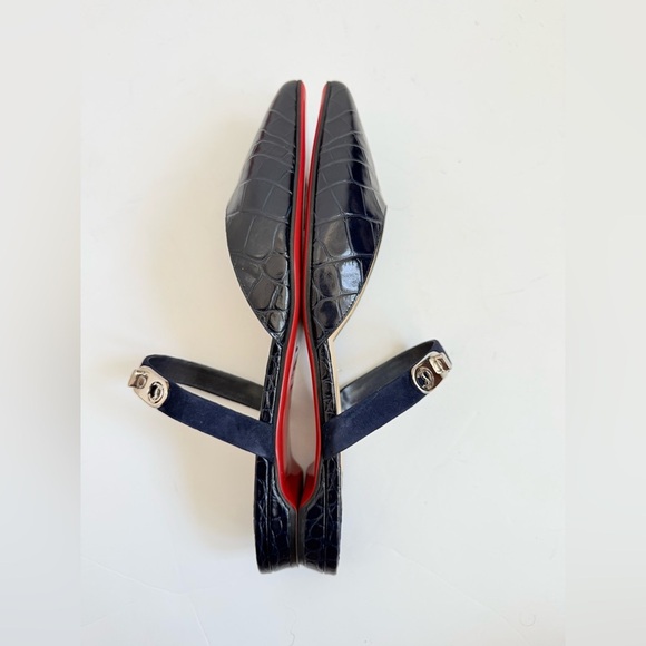 Christian Louboutin Dark Navy blue Choc lock flat calf ali embossed mules EU 40 - Picture 4 of 10